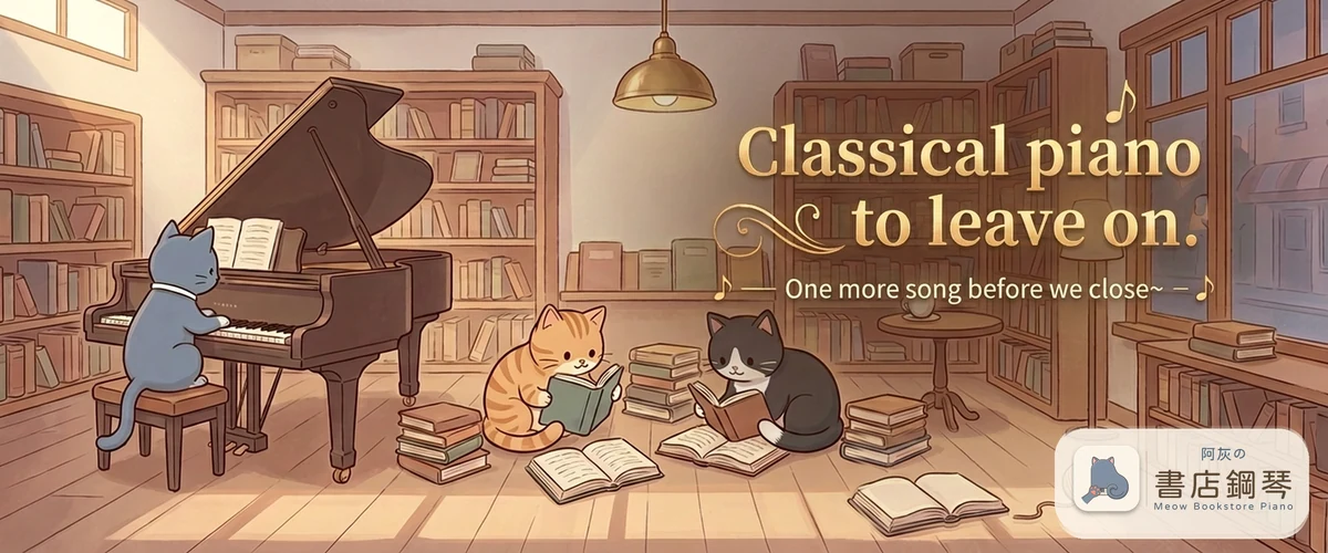 Inside a bookshop, a blue-grey cat plays a grand piano while two other cats read sheet music among stacks of books on the floor. Caption on the image: Classical piano to leave on. One more song before we close~