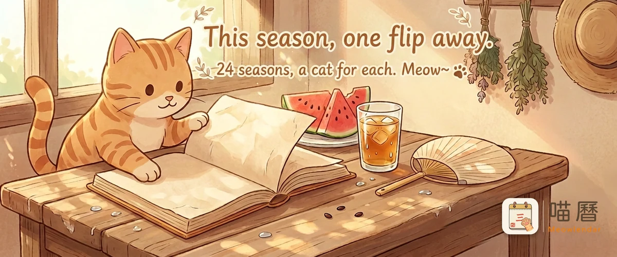 A ginger cat reaches out to flip open a thick almanac on a warm wooden table, with watermelon, an iced drink and a fan beside it. Caption on the image: This season, one flip away. 24 seasons, a cat for each. Meow~