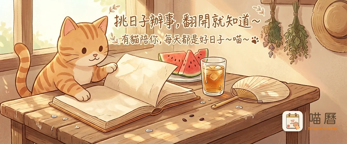 暖色木桌邊，一隻橘貓伸爪翻開一本厚厚的曆書，桌上擺著西瓜、冰飲與扇子。圖上押字：挑日子辦事，翻開就知道～／有貓陪你，每天都是好日子～喵～