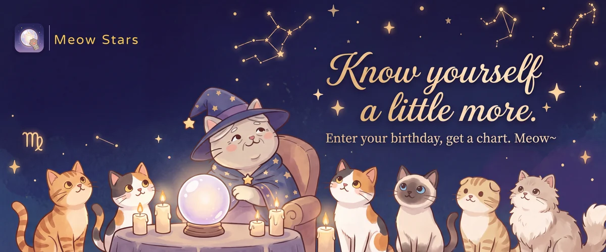 Under a deep blue night sky, a grey elder cat in a star-patterned hat sits at a glowing crystal ball while cats on both sides look up from the candlelight, with pale gold constellation lines across the sky. Caption on the image: Know yourself a little more. Enter your birthday, get a chart. Meow~