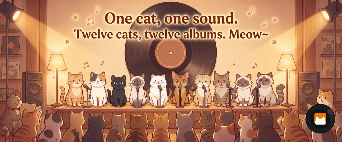 On a small stage inside a record shop, a row of cats sings into standing microphones, with an oversized vinyl record hung behind them as the shop sign and a row of listening cats seen from behind. Caption on the image: One cat, one sound. Twelve cats, twelve albums. Meow~