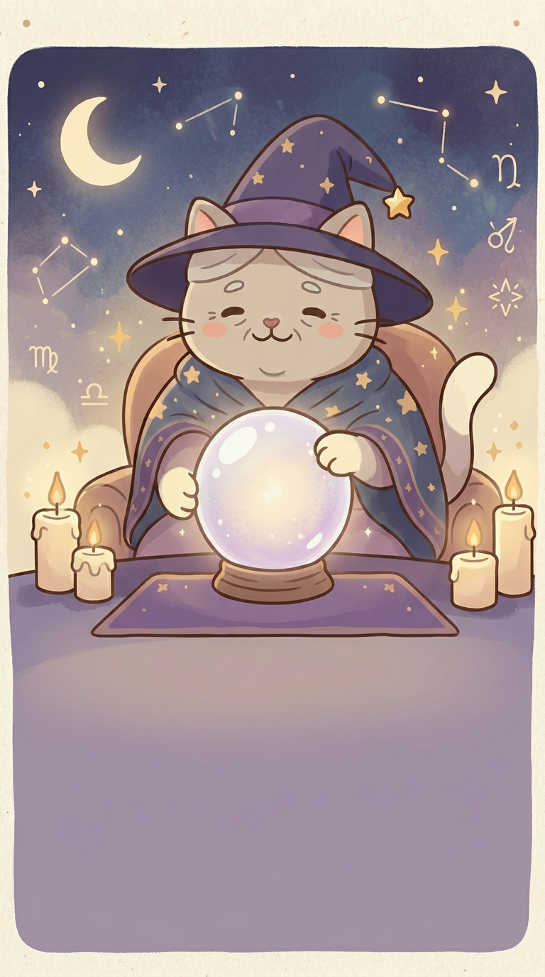 Granny Meow the fortune-telling cat at her crystal ball