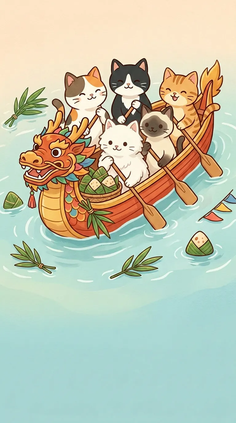 端午划龍舟主題療癒貓圖