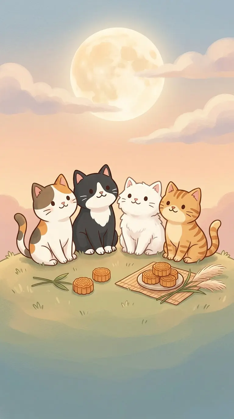 中秋賞月主題療癒貓圖