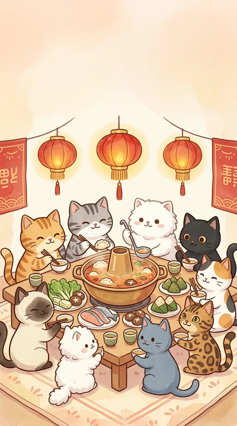 除夕圍爐守歲主題療癒貓圖
