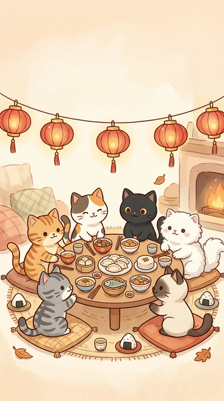 春節圍爐團圓主題療癒貓圖