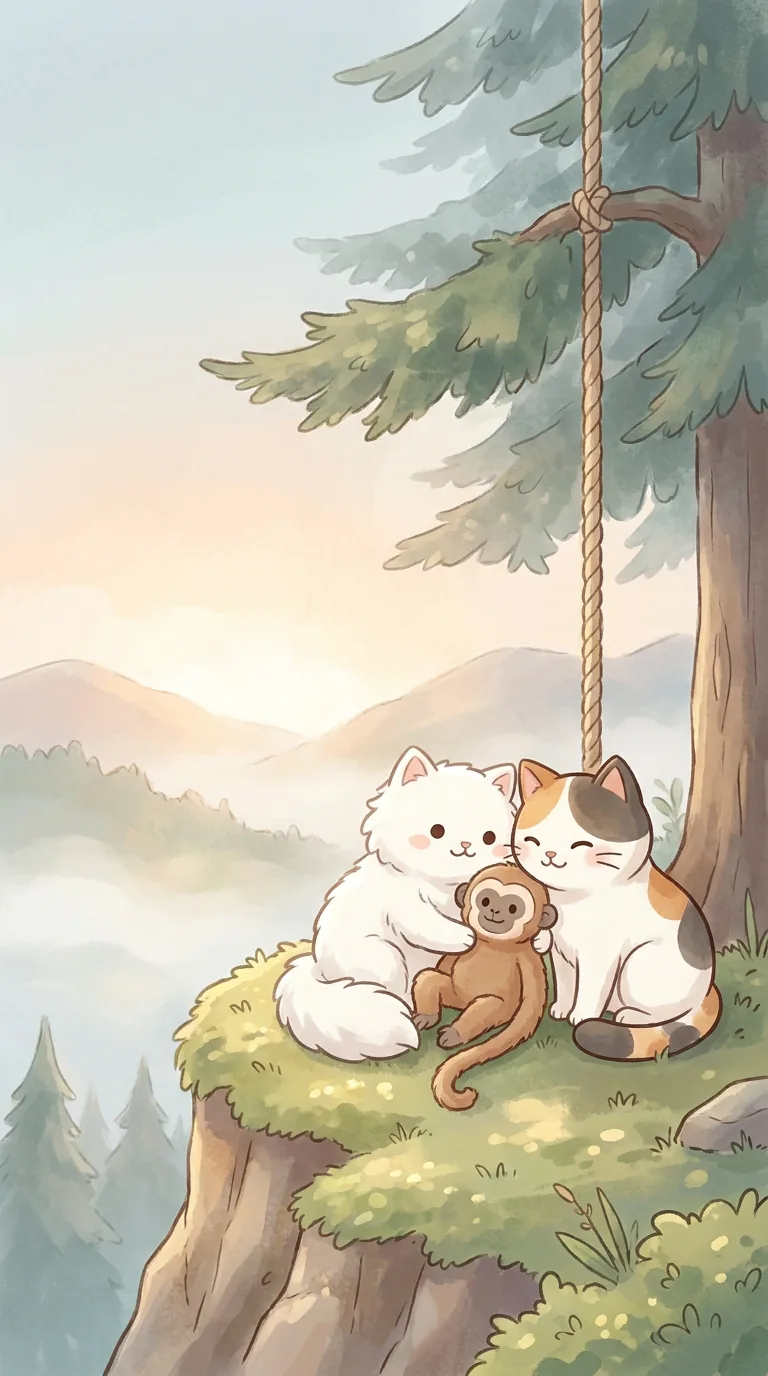 參水猿主題療癒貓圖（貓咪與絨毛長臂猿）