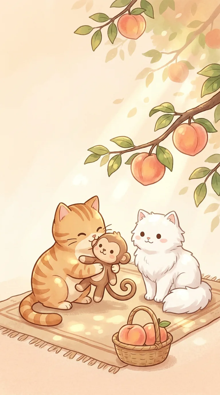 觜火猴主題療癒貓圖（貓咪與絨毛小猴）